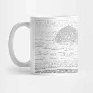 Nature line art scene with elephant, trees, monkey, folk indian art Mug